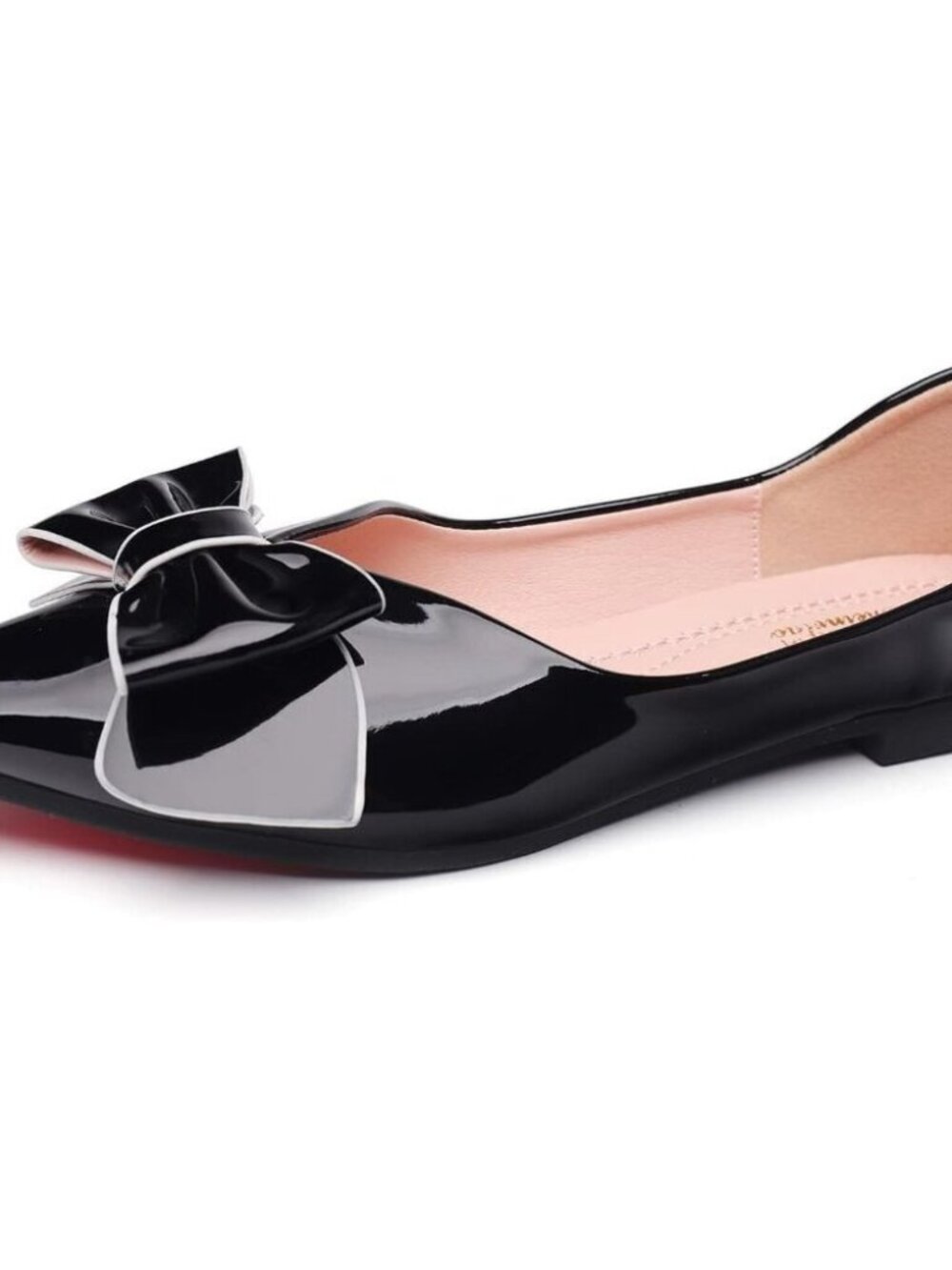 Women Black Artificial lacquer leather Pointed Toe Bow Memory Foam Flats
